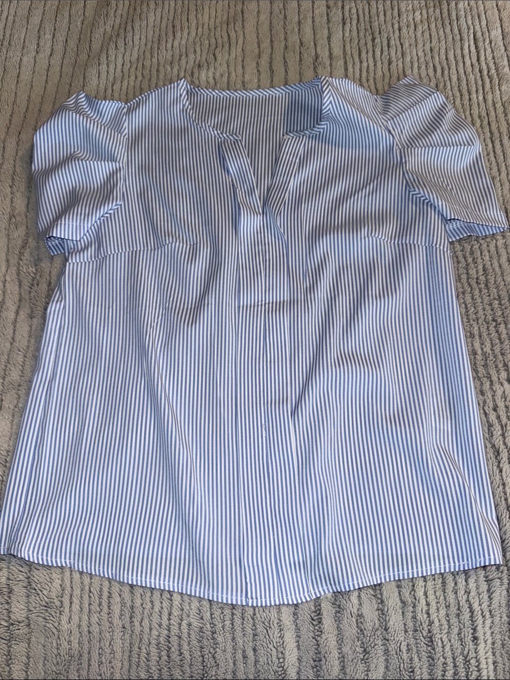 SHEIN Blue & White Striped Split-Neck Puff Sleeve Blouse